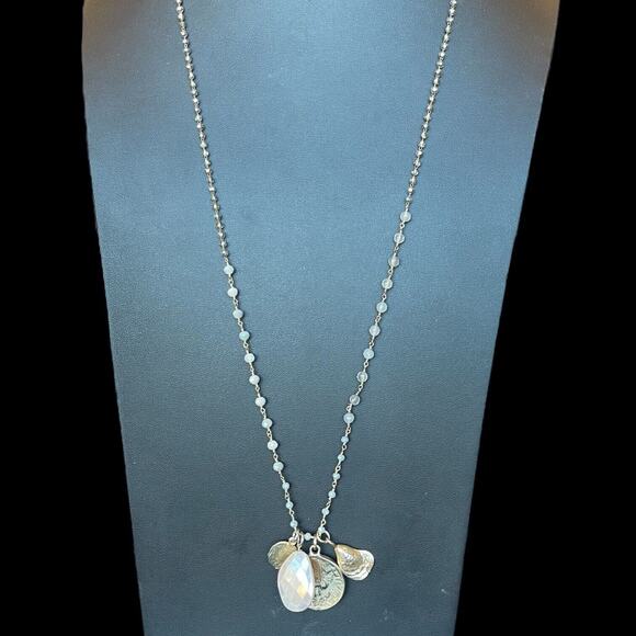 Serefina Anthropologie Charm Necklace Gold Tone Pressed Coin Faceted Stone 32”L - Picture 2 of 7